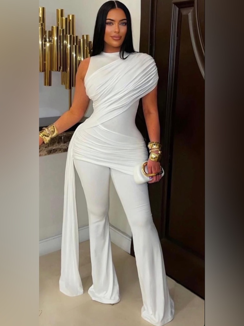 2PCs One-Shoulder Ruched Pant Set
